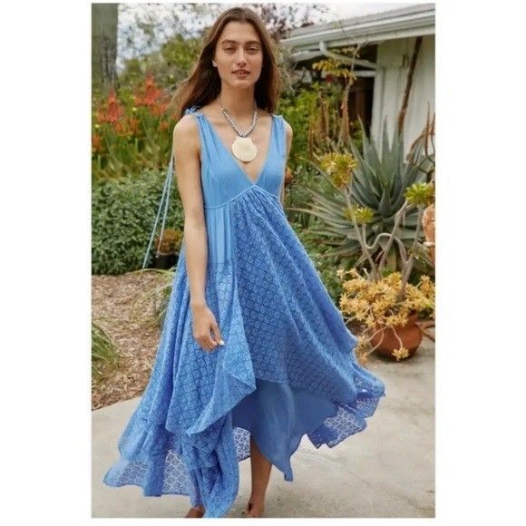 Free People Free-est Almost Heavenly Maxi Dress V Neck Tiered Blue S NWT 283689 - Picture 1 of 7